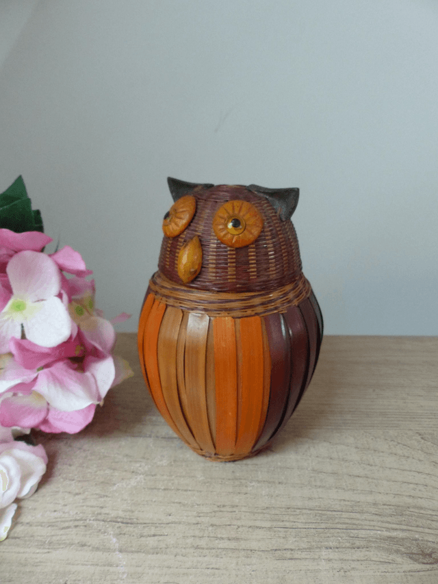 Ancienne boite avec couvercle en forme de hibou, pot de rangement hibou en osier tressé, figurine chouette hibou en bois, panier hibou bois