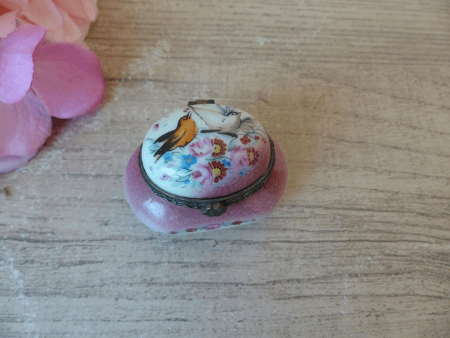 Boite à pilules en porcelaine française, mini boite motif oiseaux et fleurs, pilulier vintage Collection Porcelaine d'Art, cadeau pour femme