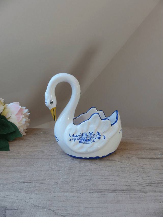 Vintage Petit Cache Pot Cygne de Porcelaine Peint à la Main au Portugal - Oiseau d'ornement - Petite Jardinière Cygne Oiseau - Cadeau Couple