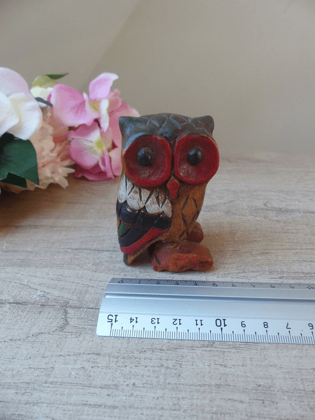 Petite Figurine Hibou Chouette en Bois Sculpté à la main Vintage H 8 cm, Hibou Miniature en Bois Cadeau Décoration Porte-Bonheur