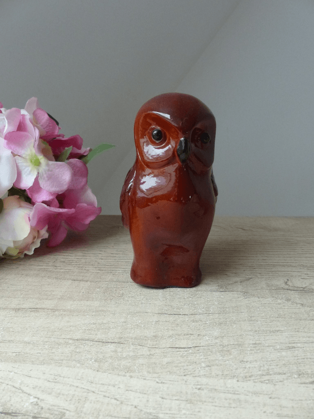 Ancienne Statuette Chouette Céramique Polychrome Rouge Bordeaux Vintage Années 1970 - 1980