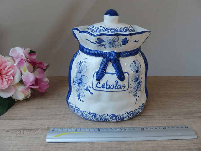 Grand pot à oignons en céramique fait et peint à la main avec des dessins de fleurs bleues indigo Portugal Décoration Vintage