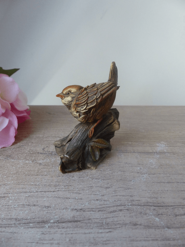 Figurine Oiseau en résine polychrome, Petit Moineau Vintage par Faro Lucchesi Peint à la Main en Italie, Collection oiseaux home décor