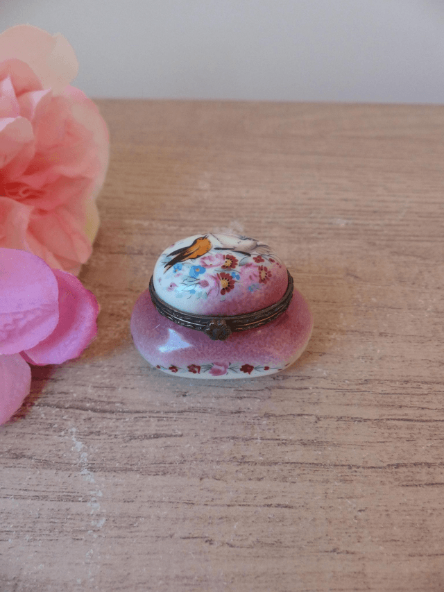 Boite à pilules en porcelaine française, mini boite motif oiseaux et fleurs, pilulier vintage Collection Porcelaine d'Art, cadeau pour femme