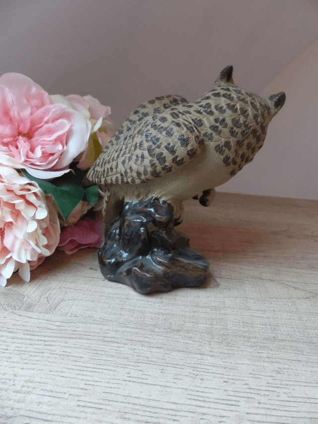 Ancienne Statuette  Animalière Hibou en Plâtre Peint à la Main, Figurine d'Oiseau Sauvage Décoration Maison Collection Vintage