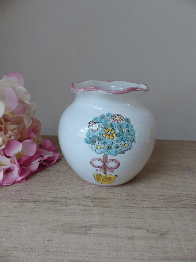 Vase forme boule l'Antica Deruta peint à la main Italie, Vase Poterie Deruta Décor Arbre avec Fleurs et Ruban, Pot Fleurs Décoration Maison