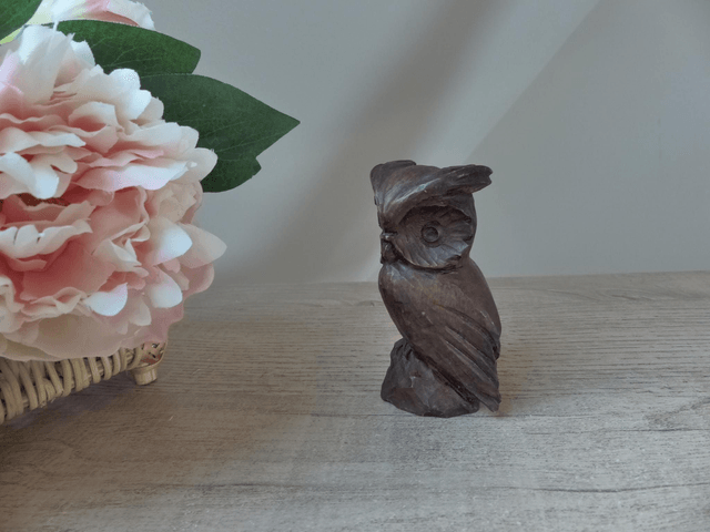 Sculpture hibou en résine imitation bois, Figurine hibou miniature marron signé Bidal, hibou décoration intérieur maison porte bonheur