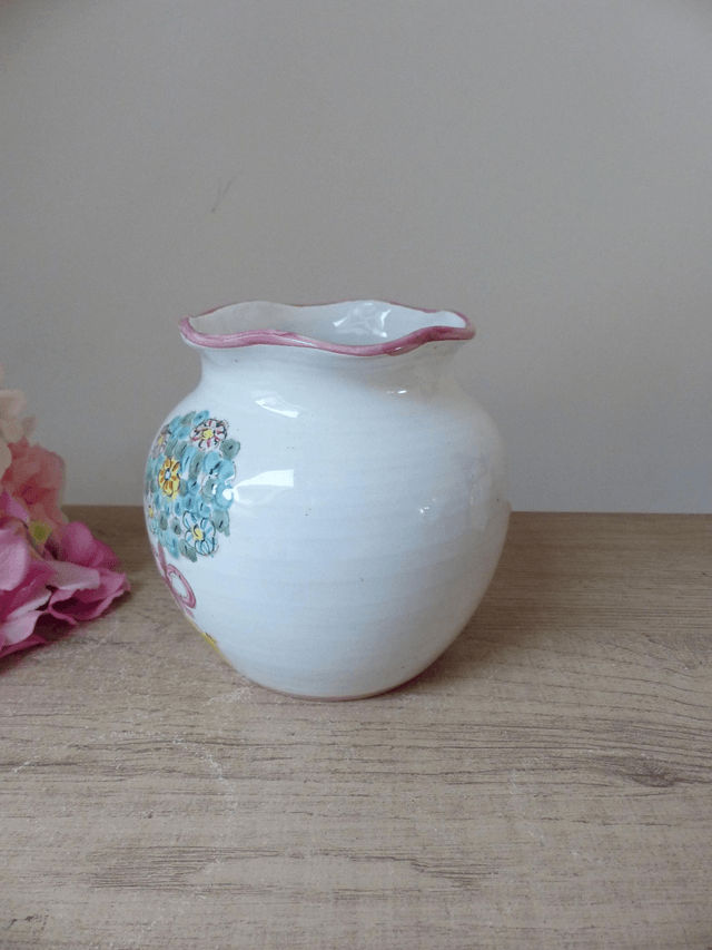 Vase forme boule l'Antica Deruta peint à la main Italie, Vase Poterie Deruta Décor Arbre avec Fleurs et Ruban, Pot Fleurs Décoration Maison