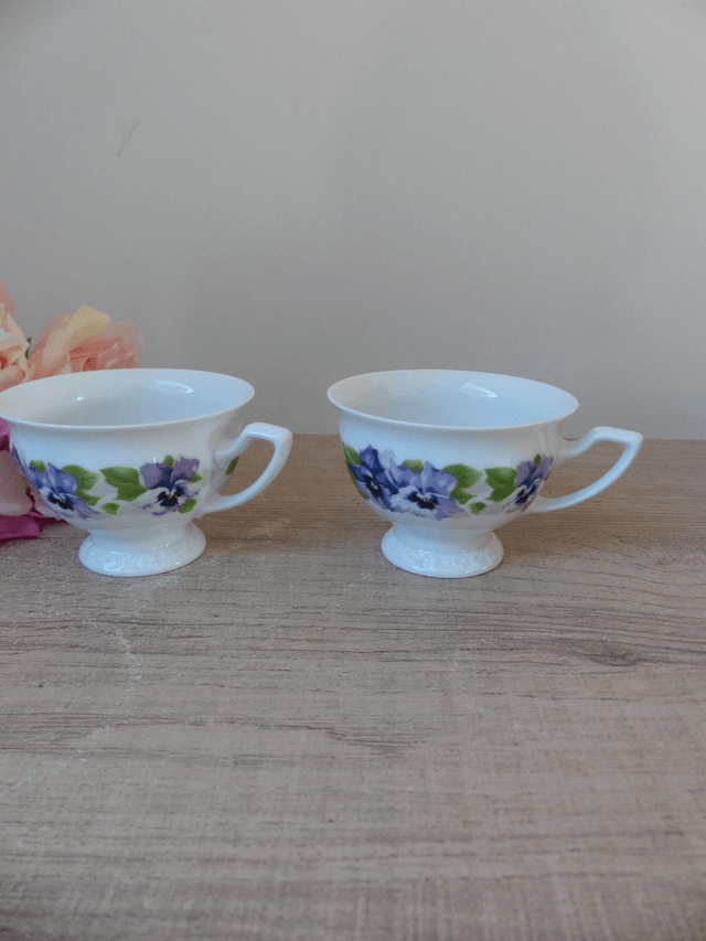 Deux tasses à café porcelaine Rosenthal Collection Classic, Allemagne, tasses romantiques décor fleurs pensées, cadeau couple déco intérieur