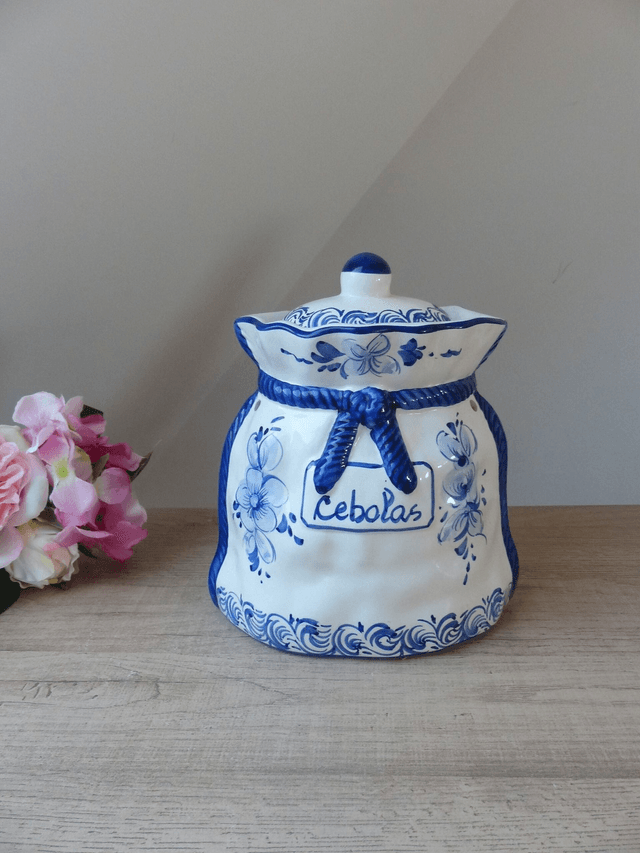 Grand pot à oignons en céramique fait et peint à la main avec des dessins de fleurs bleues indigo Portugal Décoration Vintage