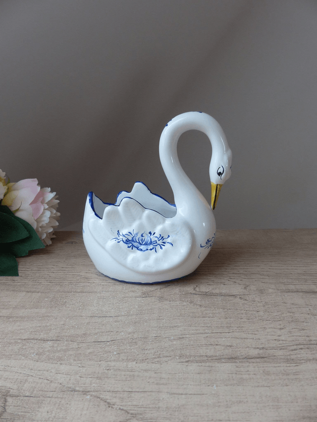Vintage Petit Cache Pot Cygne de Porcelaine Peint à la Main au Portugal - Oiseau d'ornement - Petite Jardinière Cygne Oiseau - Cadeau Couple