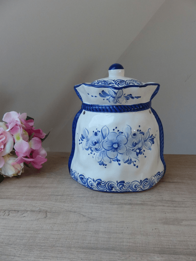 Grand pot à oignons en céramique fait et peint à la main avec des dessins de fleurs bleues indigo Portugal Décoration Vintage