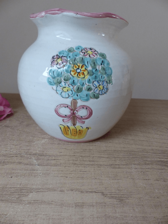 Vase forme boule l'Antica Deruta peint à la main Italie, Vase Poterie Deruta Décor Arbre avec Fleurs et Ruban, Pot Fleurs Décoration Maison