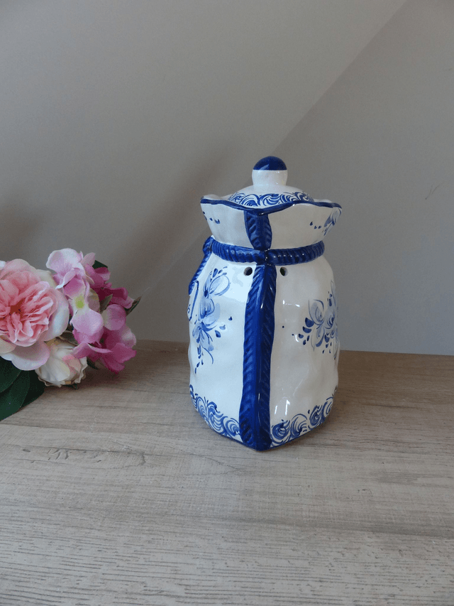 Grand pot à oignons en céramique fait et peint à la main avec des dessins de fleurs bleues indigo Portugal Décoration Vintage