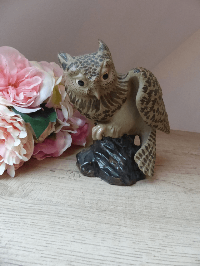 Ancienne Statuette  Animalière Hibou en Plâtre Peint à la Main, Figurine d'Oiseau Sauvage Décoration Maison Collection Vintage