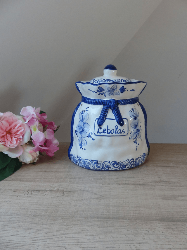 Grand pot à oignons en céramique fait et peint à la main avec des dessins de fleurs bleues indigo Portugal Décoration Vintage