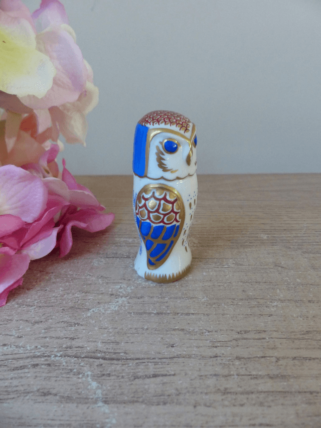 Figurine chouette porcelaine bleue, rouge et dorée collection The Franklin Mint 1988