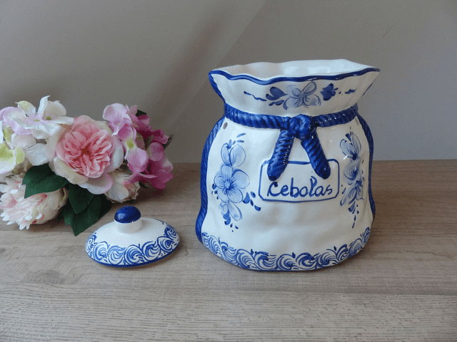 Grand pot à oignons en céramique fait et peint à la main avec des dessins de fleurs bleues indigo Portugal Décoration Vintage