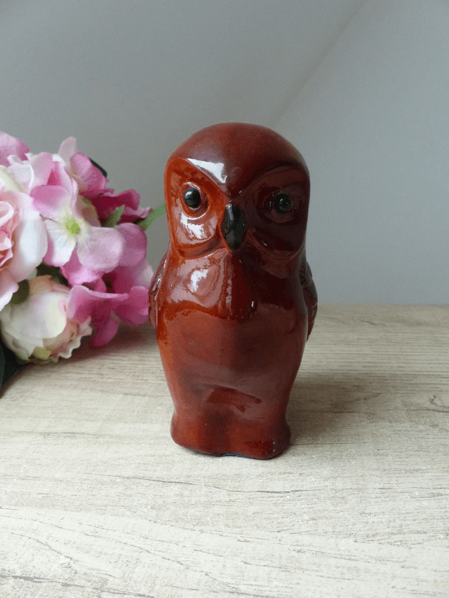 Ancienne Statuette Chouette Céramique Polychrome Rouge Bordeaux Vintage Années 1970 - 1980