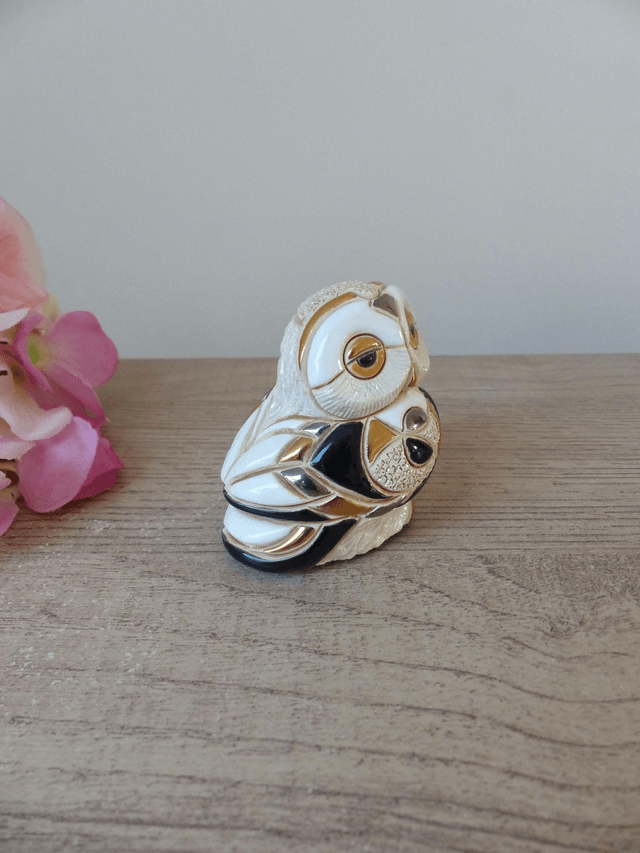 Figurine miniature chouette effraie en céramique émaillée, sculpture chouette nival De Rosa peint main, collection animal oiseau De Rosa