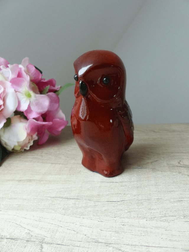 Ancienne Statuette Chouette Céramique Polychrome Rouge Bordeaux Vintage Années 1970 - 1980