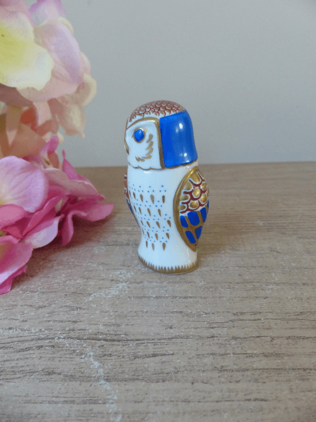 Figurine chouette porcelaine bleue, rouge et dorée collection The Franklin Mint 1988