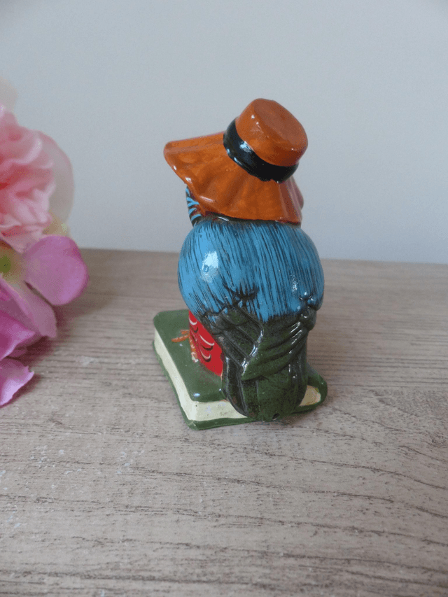 Petite Chouette Hibou Savante avec Chapeau sur Livre Céramique Vintage 1970