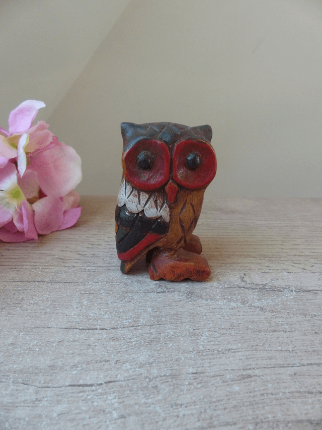 Petite Figurine Hibou Chouette en Bois Sculpté à la main Vintage H 8 cm, Hibou Miniature en Bois Cadeau Décoration Porte-Bonheur