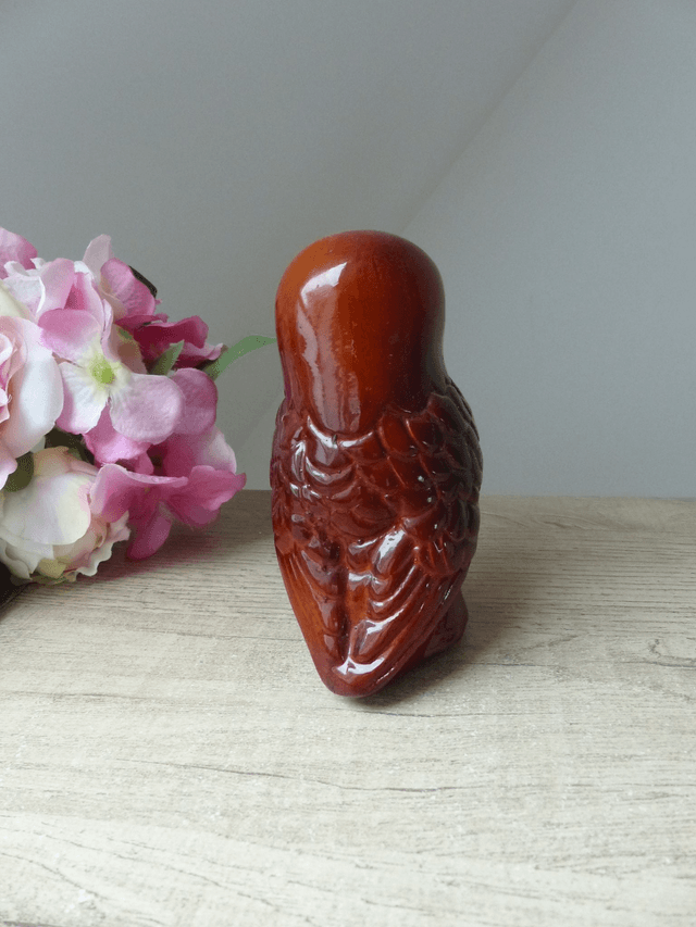 Ancienne Statuette Chouette Céramique Polychrome Rouge Bordeaux Vintage Années 1970 - 1980