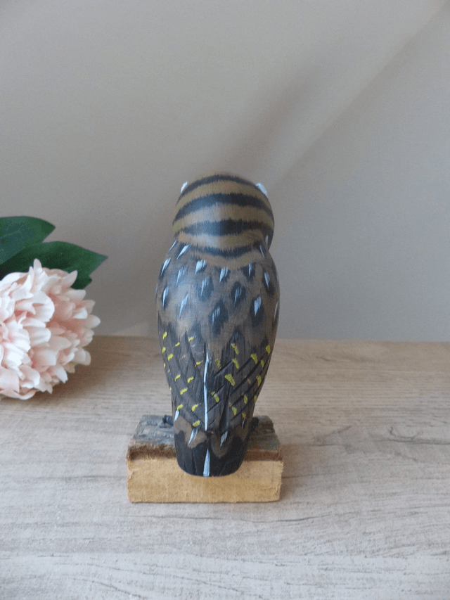 Ancienne Sculpture Figurine Hibou Bleu et Vert en Bois sur Socle Peint à la Main Vintage, Hibou en Bois Décoration Maison de Campagne