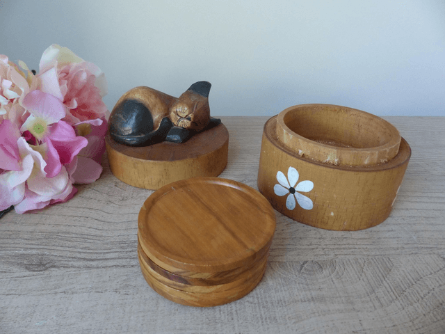 Boite chat en bois avec 6 sous-verres cadeau collection chat, lot de 6 sous-verres en bois chat, Sous-verres avec boîte en bois artisanat