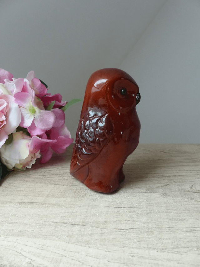 Ancienne Statuette Chouette Céramique Polychrome Rouge Bordeaux Vintage Années 1970 - 1980