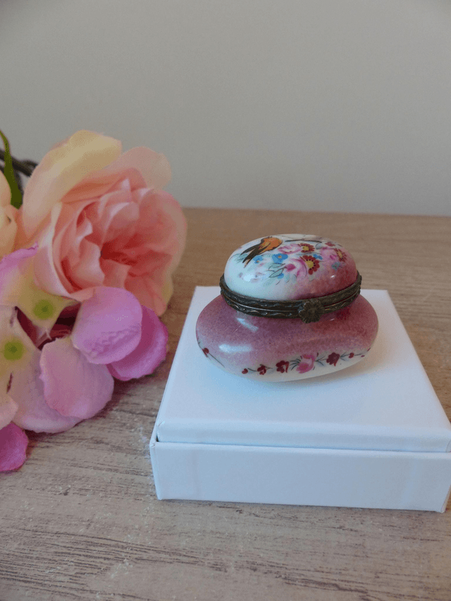 Boite à pilules en porcelaine française, mini boite motif oiseaux et fleurs, pilulier vintage Collection Porcelaine d'Art, cadeau pour femme