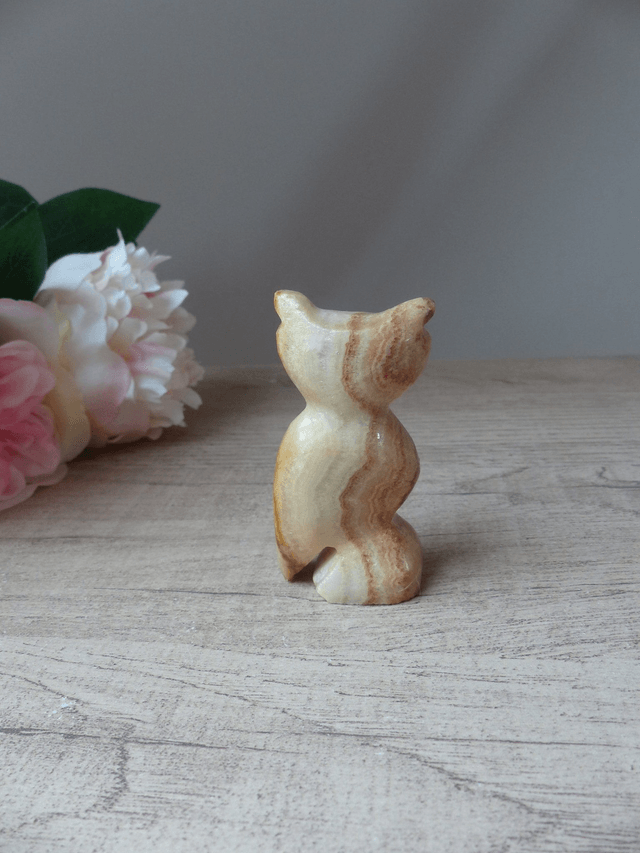 Figurine sculpture hibou chouette en pierre beige Porte Bonheur, Collection Lithothéraphie, Cadeau Amoureux des Pierres et des Chouettes