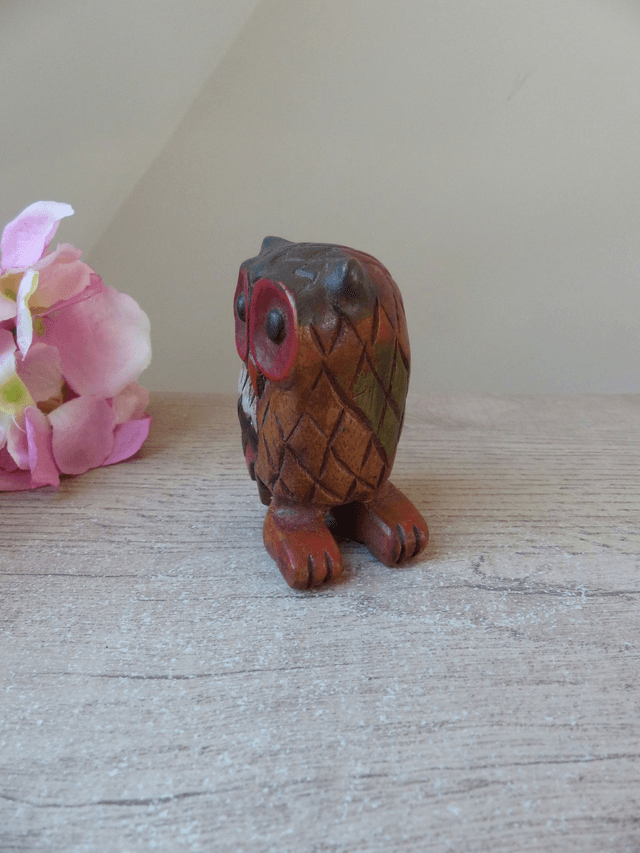 Petite Figurine Hibou Chouette en Bois Sculpté à la main Vintage H 8 cm, Hibou Miniature en Bois Cadeau Décoration Porte-Bonheur