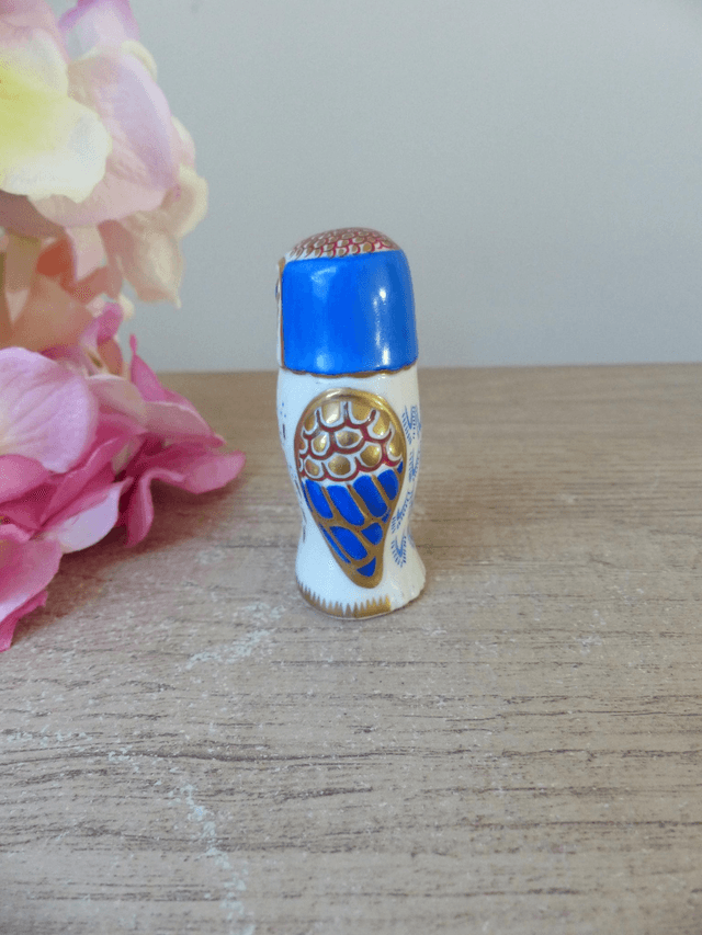 Figurine chouette porcelaine bleue, rouge et dorée collection The Franklin Mint 1988