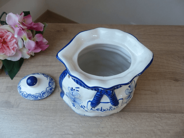 Grand pot à oignons en céramique fait et peint à la main avec des dessins de fleurs bleues indigo Portugal Décoration Vintage