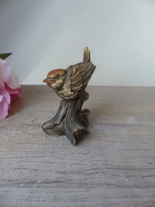 Figurine Oiseau en résine polychrome, Petit Moineau Vintage par Faro Lucchesi Peint à la Main en Italie, Collection oiseaux home décor