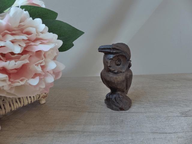 Sculpture hibou en résine imitation bois, Figurine hibou miniature marron signé Bidal, hibou décoration intérieur maison porte bonheur