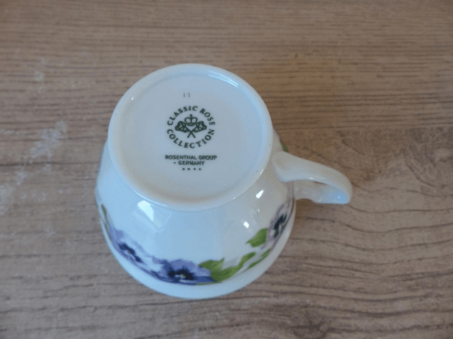 Deux tasses à café porcelaine Rosenthal Collection Classic, Allemagne, tasses romantiques décor fleurs pensées, cadeau couple déco intérieur