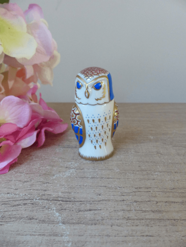 Figurine chouette porcelaine bleue, rouge et dorée collection The Franklin Mint 1988