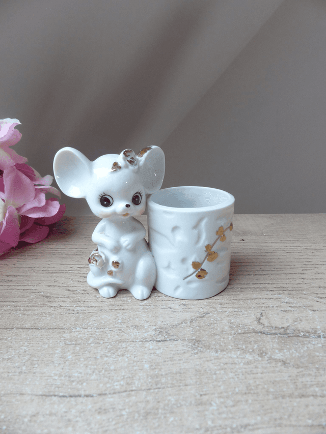 Vintage mignonne souris en porcelaine avec bougeoir, figurine souris collection, souris cadeau décoration chambre enfant
