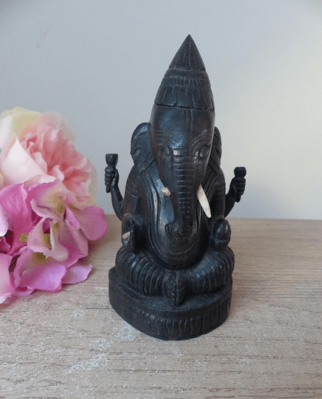 Statuette Ganesh en bois marron, Décoration hindouiste, Sculpture éléphant en bois fait main, Ganesh idole de décoration d&#039;autel