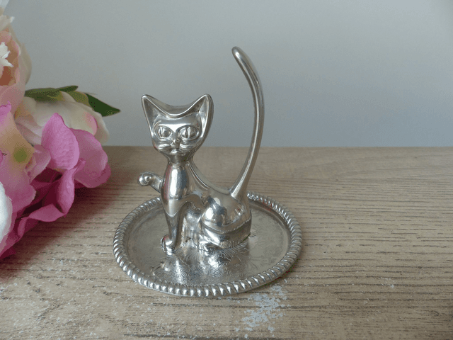 Porte-bagues Chat Vintage en métal argenté, chat pour tenir les bagues, plat à bagues chats, arbre à bagues chat, cadeau chat décoration