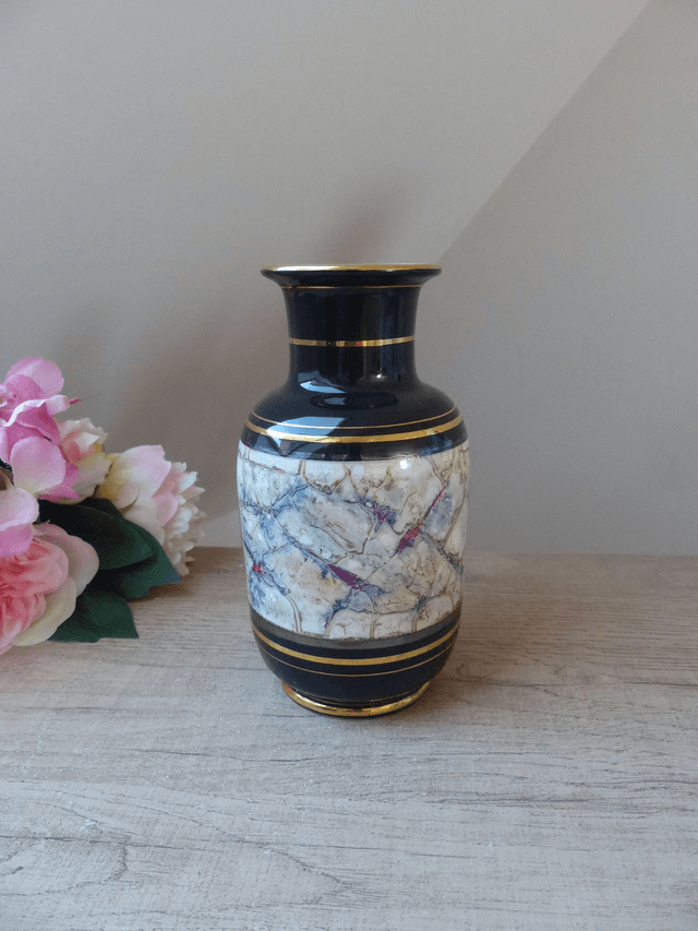 Vase vintage noir et doré, vase décoré de nervures, vase en céramique noir marbre, vase oriental, collection, art déco, cadeau décoration