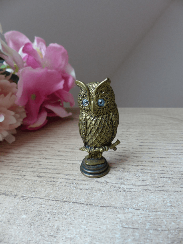 Figurine miniature hibou en laiton Grèce, miniature mythologie grecque, chouette d&#039;Athéna yeux bleus