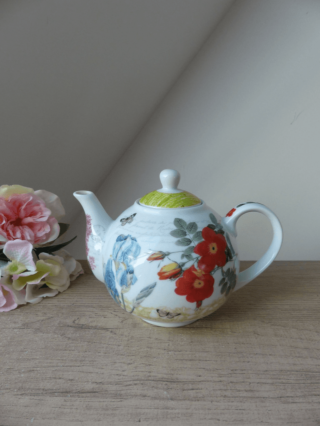 Théière en porcelaine anglaise avec motif botanique floral de coquelicots et papillons, décoration véranda, jardin d&#039;hiver, cadeau maman