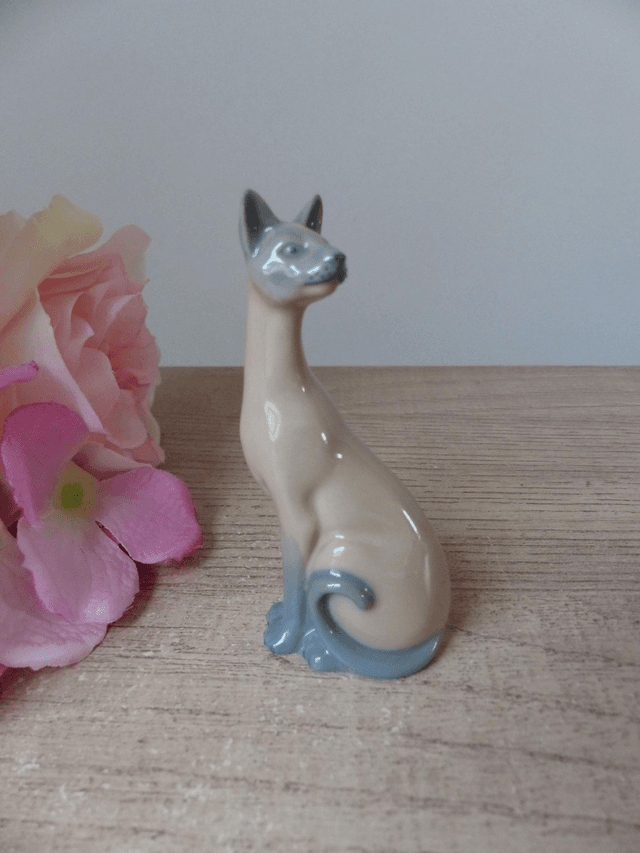 Vintage Chat Franklin Mint Valence 1986 Cabinet de Curiosités, Chat siamois miniature en porcelaine beige et gris