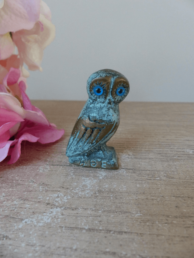 Figurine chouette hibou en laiton fait en Grèce, Sculpture Chouette d&#039;Athéna en laitonné bleu, Collection