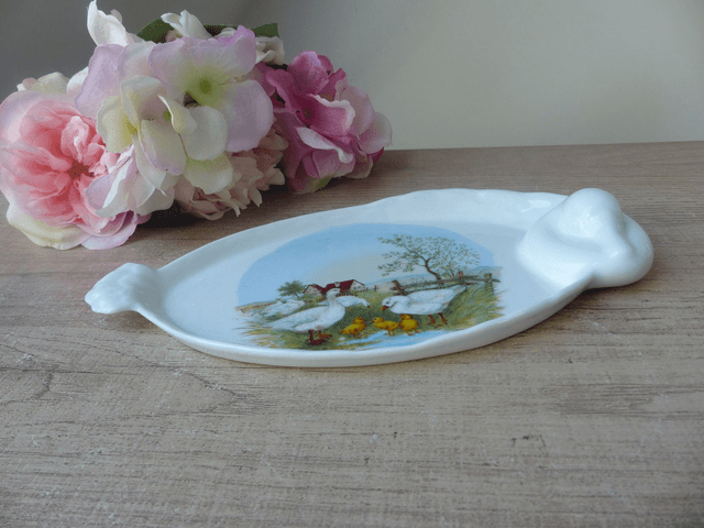 Plat de Service pour Foie Gras Limoges France, Plat décoré d&#039;Oiseaux, Canards, Oies, Poussins, Vaisselle Vintage Maison de Campagne Français